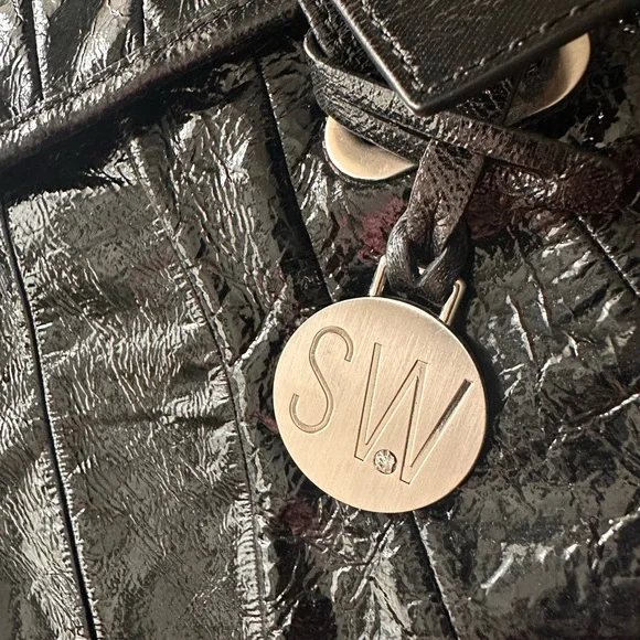 Stuart Weitzman Cala Flip Patent Leather Glossy Black Satchel - Picture 2 of 6